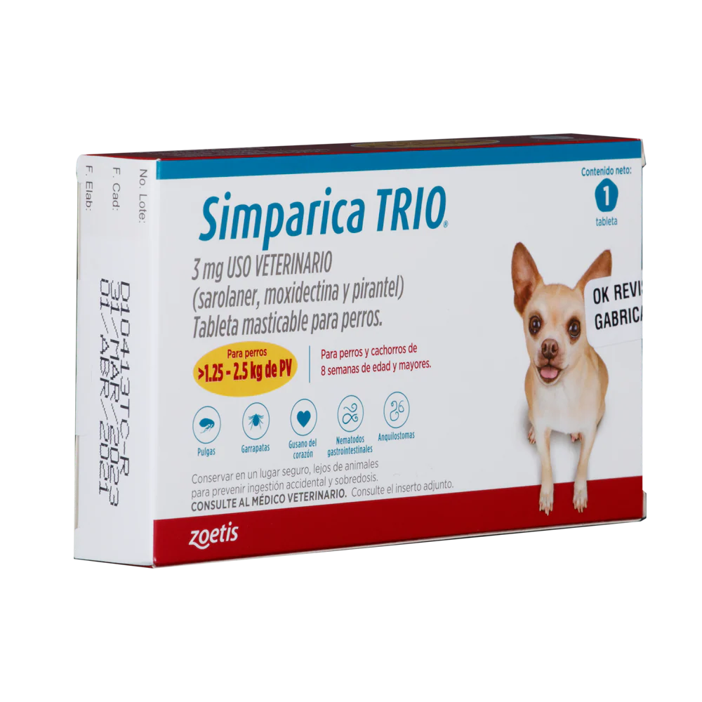 Desparasitante Interno y Externo para Perro  Simparica Trio 1.25 Kg - 2.5 Kg x 1 Tableta - Image 3